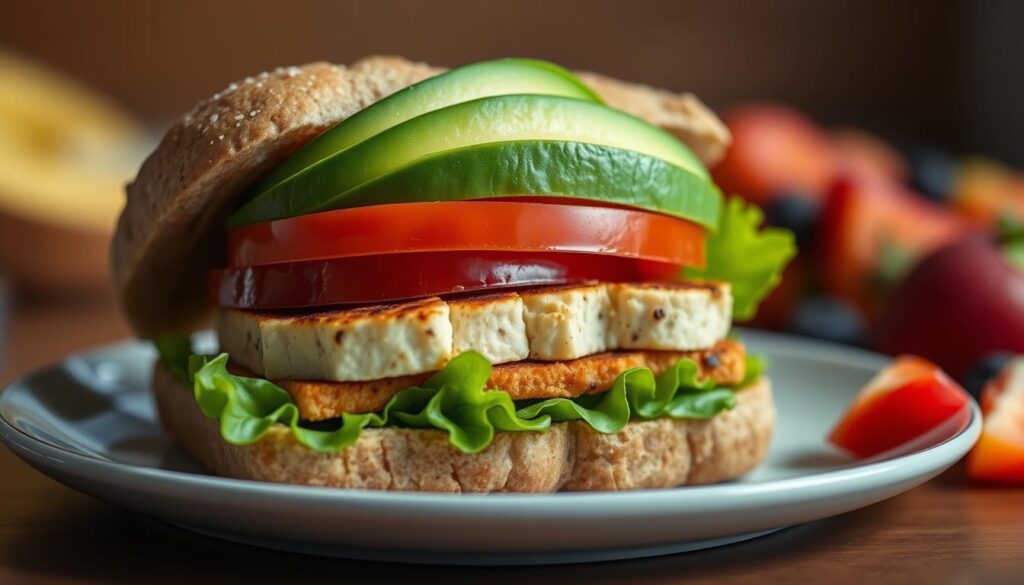 Tofu breakfast sandwich with avocado and tomato