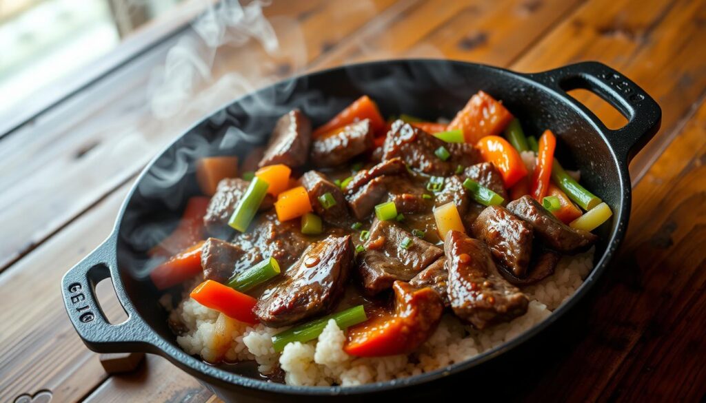 cast iron skillet with sizzling Pepper Lunch