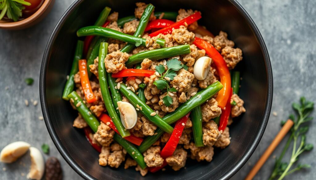 healthy ground chicken stir fry with green beans