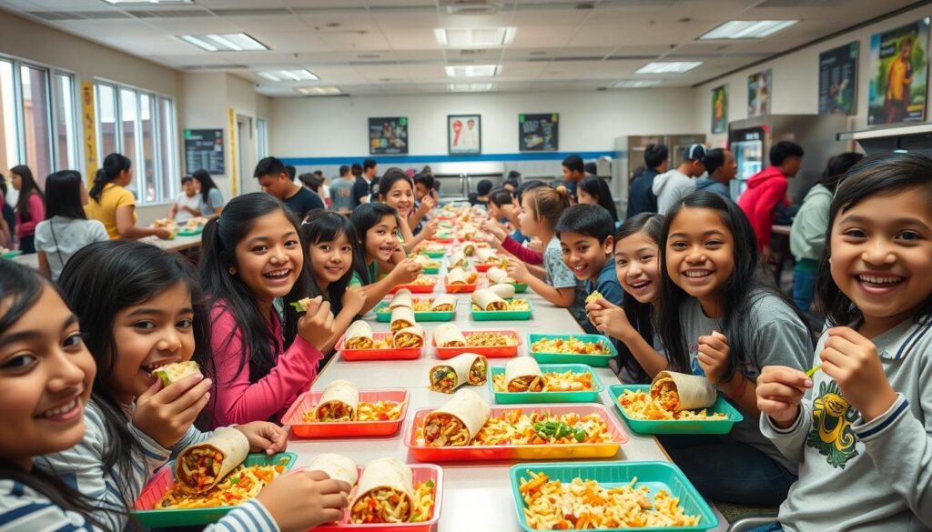 students enjoying wet burritos in the school cafeteria